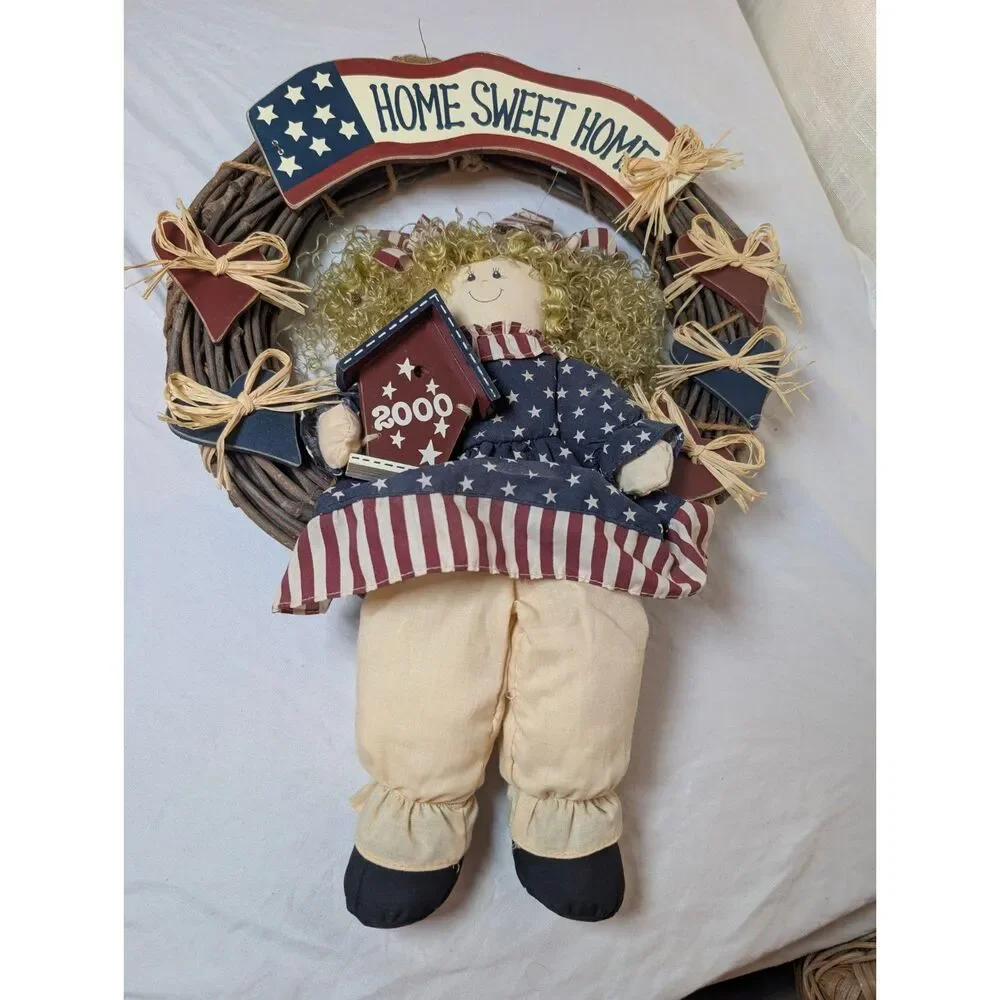Vintage Millennium 2000 Americana Rag Doll Grapevine Home Sweet Home Wreath USA